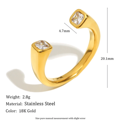 Minimalistische Open Ring 18K Verguld Roestvrij Staal Met Dubbele Vierkante Zirkoon Geometrische Verstelbare Sieraden Voor Dames