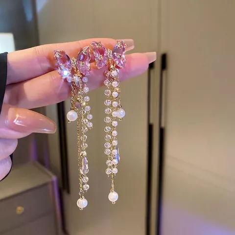 Butterfly Long Tassel Dangle Earrings Crystal Rhinestone Artificial Pearl Elegant Light Luxury Jewelry With Silver Earring Post