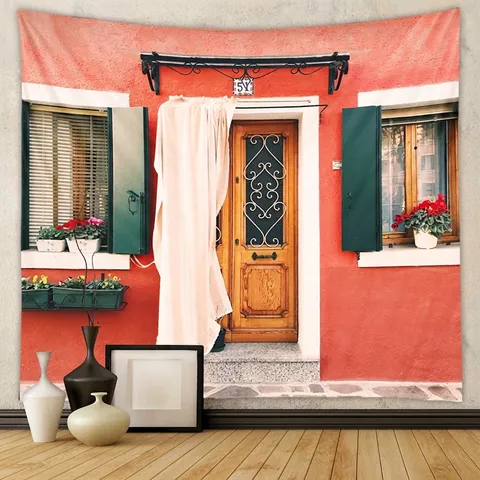 Arazzo Decorativo Da Parete Poliestere Paesaggio 3D Vista Finestra Architettura Decorazione Stanza Sfondo Tessuto