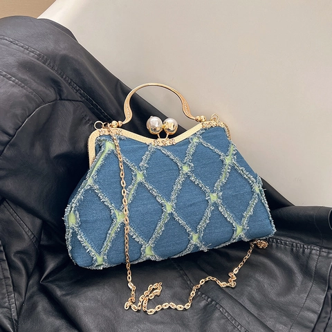 Borsa A Mano In Denim Vintage Motivo Rombi Sfilacciati Chiusura Perla Artificial Strass Manico In Metallo Catena Tracolla Da Donna