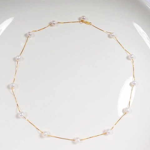 Freshwater Pearl Station Necklace 925 Sterling Silver Thin Chain Minimalist Elegant Jewelry Women