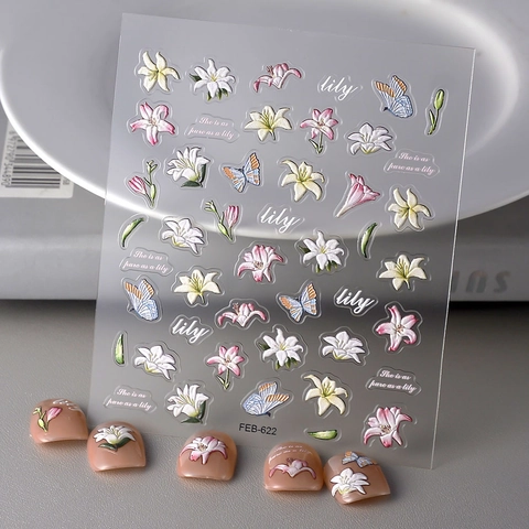 5D Relief Nagelaufkleber Lilie Blume Schmetterling Selbstklebend Wasserdicht Maniküre Dekoration Für Frauen
