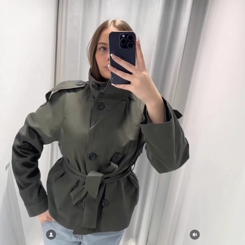 Women Short Trench Coat Double Breasted Belted Lapel Long Sleeve Solid Color Fashion Casual Outerwear Jacket