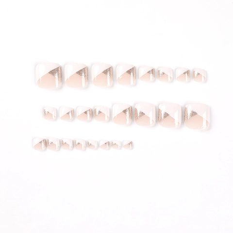Unghie Finte Per Piedi Press On Stile Francese Diagonale Rosa E Bianco Con Glitter Oro Lucidi Per Donne