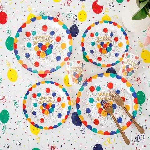 Wegwerpservies Set Verjaardagsfeest Papieren Borden Bekers Servetten Tafelkleed Bestek Banner Voor Feest Decoratie