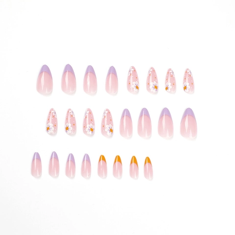 Paarse French Tip Press On Nagels Amandelvorm Madeliefje Patroon Glanzende Hars Kunstnagels Voor Vrouwen Manicure
