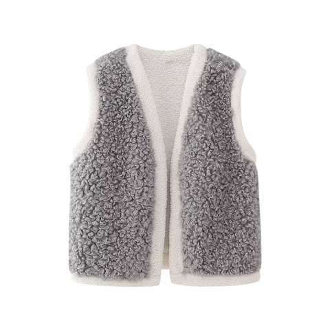 Gilet Da Donna In Finta Lana Di Agnello Scollo A V Senza Maniche Apertura Frontale Sherpa Fleece Colore A Contrasto Grigio