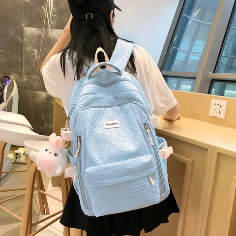 Bubble Cotton Waffle Texture Backpack Large Capacity School Bag For Girls With Rabbit Plush Pendant Casual Travel Daypack