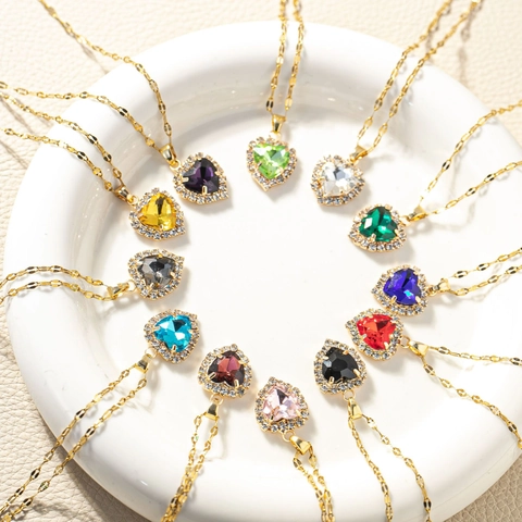 Heart Pendant Necklace Gold Plated Stainless Steel With Zircon Birthstone Fashion Jewelry For Women Elegant Clavicle Chain