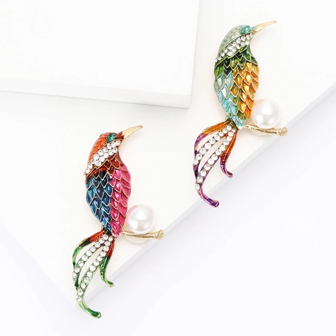 Spilla A Forma Di Uccello Colorata Lega Smalto Strass Perla Artificial Sintetica Accessorio Elegante Per Abiti Da Donna
