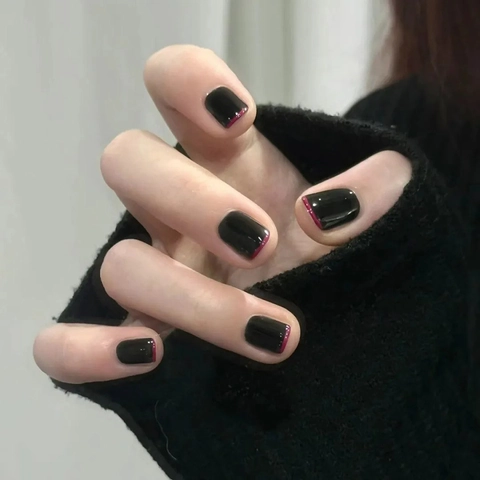 Press On Nails French Tip Short Square Glossy Black And Purple Resin False Nails For Women Daily Manicure