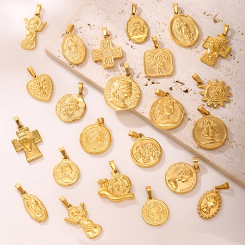 Stainless Steel Pendants Gold Plated DIY Charms For Jewelry Making Retro Religious Cross Coin Animal Shapes Accessories