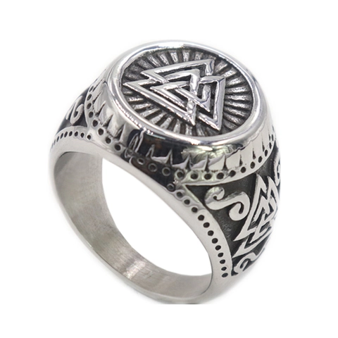 Viking Valknut Ring 316 Stainless Steel Norse Mythology Helm Of Awe Retro Distressed Totem Punk Hip Hop For Men