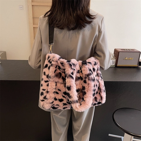Borsa Tote In Peluche Con Stampa Leopardata Borsa A Tracolla In Pelliccia Sintetica Grande Capacità Borsa Da Donna Invernale Casual