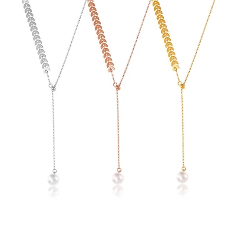 Y Shaped Pendant Necklace Titanium Steel 18K Gold Plated Elegant Wheat Ear Leaf Design Faux Artificial Pearl Dangle For Women