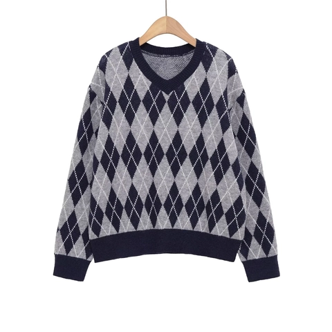 Argyle Strickpullover Damen V-Ausschnitt Langarm Vintage Geometrisches Muster Lässige Strickwaren