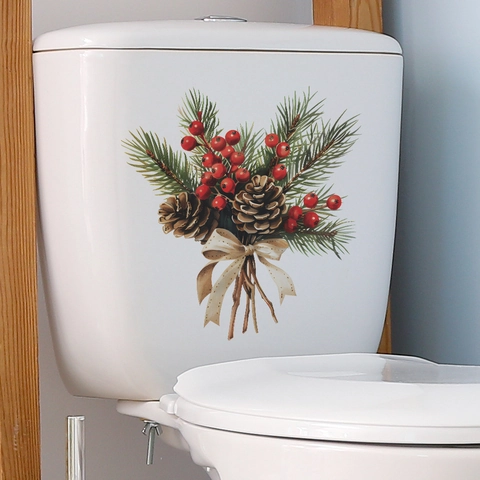 Adesivo Per WC Di Natale PVC Decalcomania Rimovibile Pigna Bacca Rossa Fiocco Floreale Decorazione Per Bagno Gabinetto