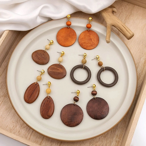 Retro Geometrische Houten Hangende Oorbellen Voor Vrouwen Boheems Holle Ronde Druppel Natuurlijk Hout Lichtgewicht