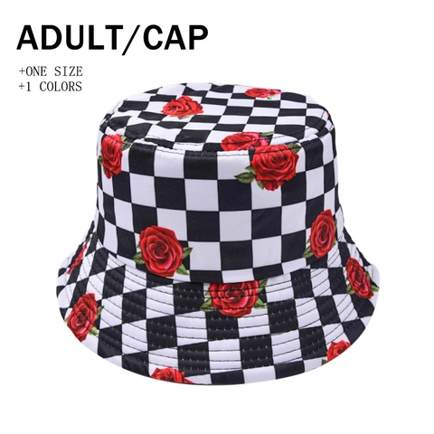 Vintage Fashion Cotton Bucket Hat Women Black White Checkerboard Red Rose Floral Print Outdoor Sun Protection Flat Top Beach Cap