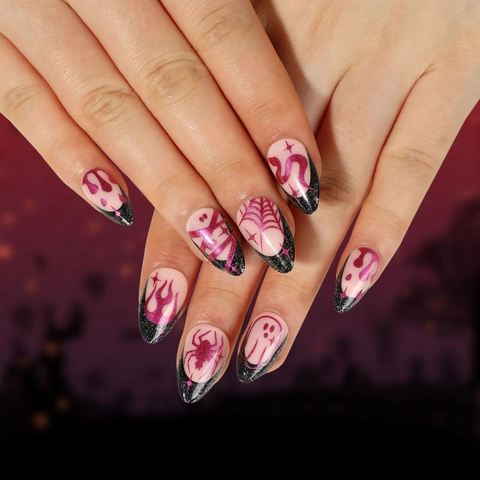 Halloween Press On Nägel Mandelform Französisch Schwarz Lila Glitzer Spinnennetz Schlange Geist Flamme Gothic Künstliche Nägel