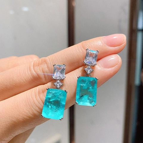 Boucles D Oreilles Pendantes Géométriques En Laiton Avec Saphir Synthétique Bleu Paraiba Et Zircon Pour Femme
