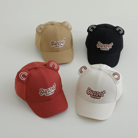 Kids Baseball Cap Cotton Canvas Cute Bear Ears Sunset Embroidery Adjustable Sun Hat For Toddlers