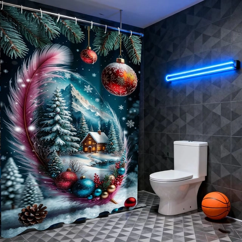 Kerst Douchegordijn Waterdichte Polyester Stof Sneeuwscène Hut Veren Print Badkamer Decor Met Haken