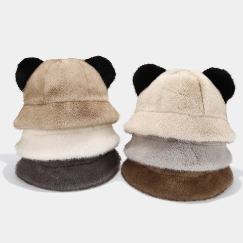 Winter Damen Fischerhut Kunstpelz Warm Plüsch Süße Pandaohren Verstellbar Weich Stilvoller Topfhut