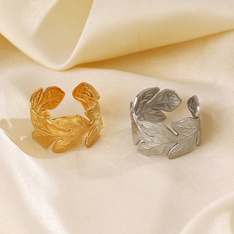 Anillo Hoja Acero Inoxidable Textura Hoja Abierto Ajustable Joyería Moda Vintage Para Mujeres