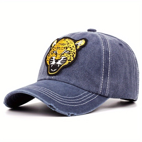 Vintage Washed Cotton Baseball Cap With Leopard Head Embroidery Distressed Retro Casual Sun Hat For Men Women