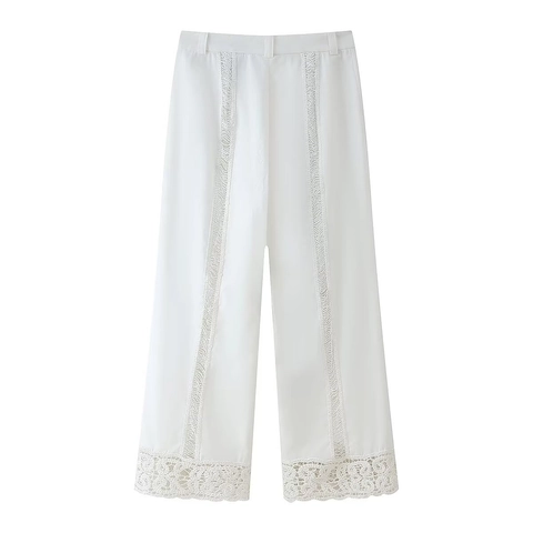 Women Wide Leg Pants High Waist Hollow Out Lace Patchwork Woven Trousers Casual Streetwear Breathable Solid White