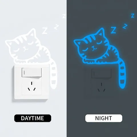 Leuchtender Katzen Schalter Aufkleber Cartoon Schlafende Katze Wandtattoo PVC Selbstklebend Heimdekoration