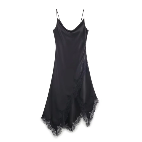 Damen Satin Unterkleid Spitze V Ausschnitt Spaghettiträger Asymmetrischer Saum Elegante Party Midi Kleider