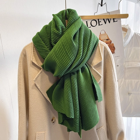 Pleated Texture Scarf Solid Color Polyester Brushed Long Shawl For Winter Warm Fashion Women Elegant