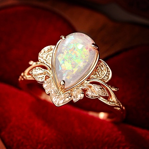 Vintage Ring For Women Copper Gold Plated With Pear Shaped White Imitation Opal And Leaf Texture Design Victorian Style
