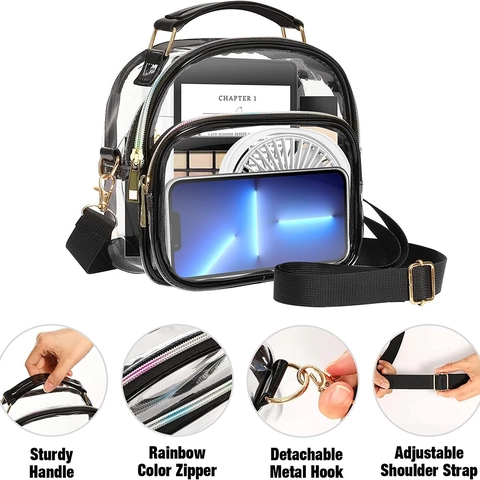 Clear Crossbody Bag PVC Transparent Stadium Approved Shoulder Bag With Black Trim For Women Travel Concert Sports High Capacity