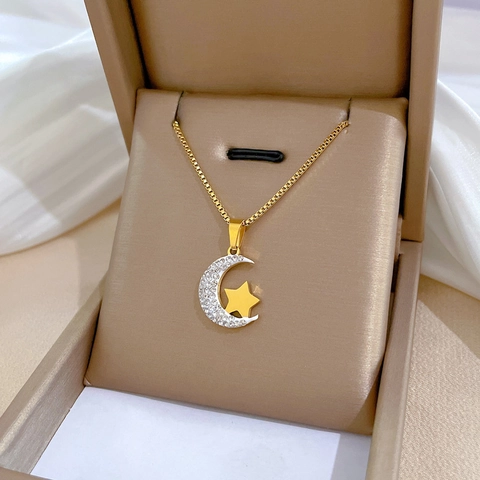 Collana Con Ciondolo Luna E Stella In Acciaio Al Titanio Con Strass Catena Per Clavicola Minimalista Da Donna Moda