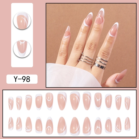 Faux Ongles Amande French Motif Lignes Blanches Base Nude Pointes D'Ongles Artificielles Brillantes Manucure Élégante Pour Femmes