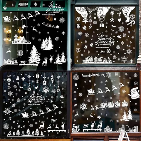 Pegatinas De Ventana De Navidad Blancas Estáticas De PVC Para Vidrio Copo De Nieve Reno Santa Claus Decoración Hogar