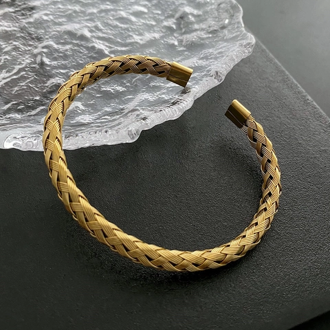 Bracciale Rigido Intrecciato in Acciaio al Titanio Minimalista per Donna Placcato Oro Argento Bracciale Aperto Gioielli Moda