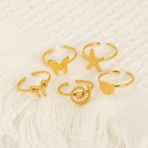 18K Gold Plated 304 Stainless Steel Open Adjustable Ring Butterfly Bow Starfish Shell Cute Minimalist Jewelry For Women