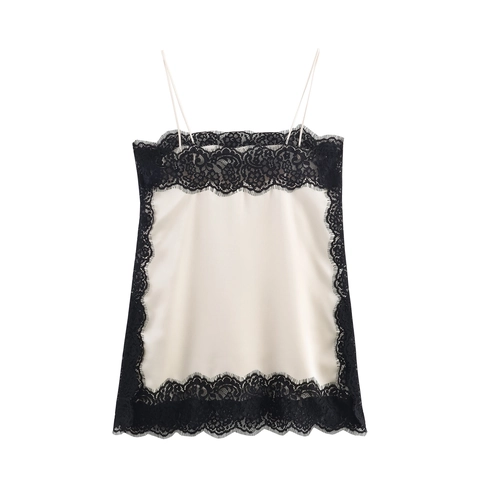 Damen Satin Camisole Top Schwarzer Wimpernspitzenbesatz Spaghettiträger V-Ausschnitt Ärmelloses Lässiges Sexy Unterhemd