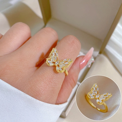 Elegant Butterfly Adjustable Ring For Women Gold Plated Brass With Micro Pave Cubic Zirconia Fashion Jewelry Gift
