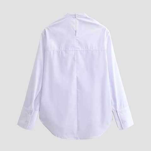 Blusa Con Lazo Para Mujer Manga Larga Poliéster Color Sólido Camisa De Oficina Botón Trasero Dobladillo Curvo Tops