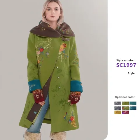 Bohemian Bestickter Langer Mantel Für Damen Vintage Ethno Stil Polyester Wollige Textur Winter Warme Jacke