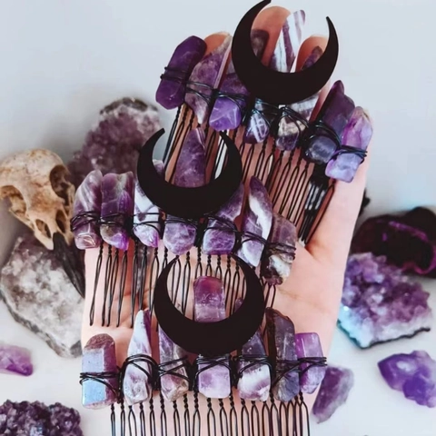 Natural Crystal Hair Comb Crescent Moon Mystical Raw Stone Hand Wrapped Witchy Bohemian Wedding Bridal Accessory Headpiece