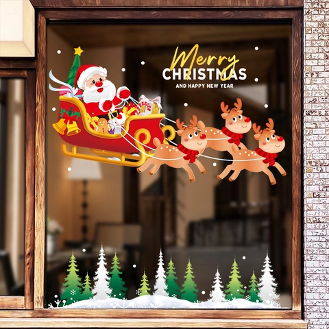 Christmas Window Stickers Static Cling PVC Santa Claus Reindeer Sleigh Pine Trees Festive Glass Decoration Holiday