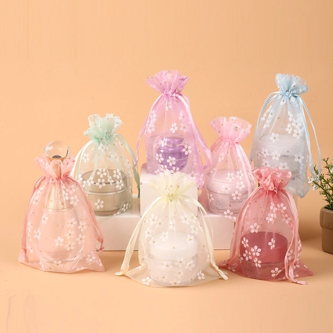 Floral Organza Drawstring Bags Mesh Fabric Gift Pouches Jewelry Packaging Wedding Favors Small Flower Print Semi Transparent