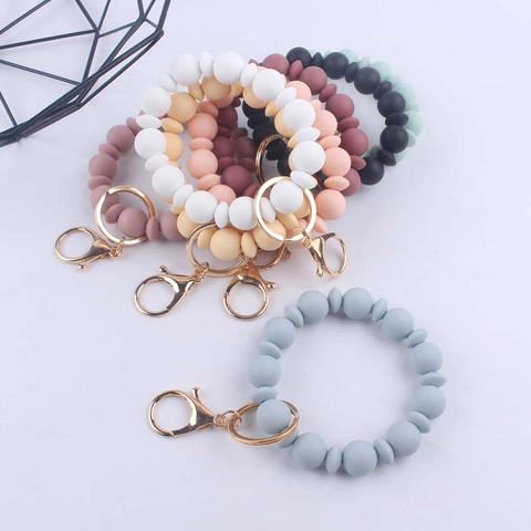 Silicone Beaded Keychain Wristlet Bracelet Key Ring With Metal Lobster Clasp Anti-Lost Hand Strap For Women Girls