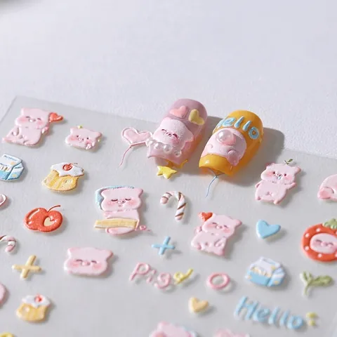 Autocollants Pour Ongles En Relief 3D Dessin Animé Cochon Mignon Décalcomanies Auto Adhésives Décorations Manucure DIY